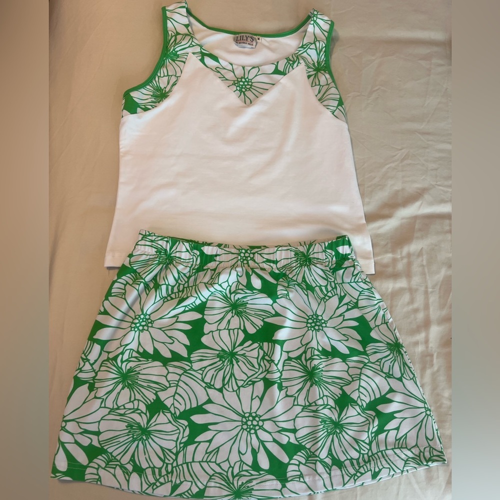 Lily’s of Beverly Hills Green and White Floral Tank Top and Skirt Set-Sz M